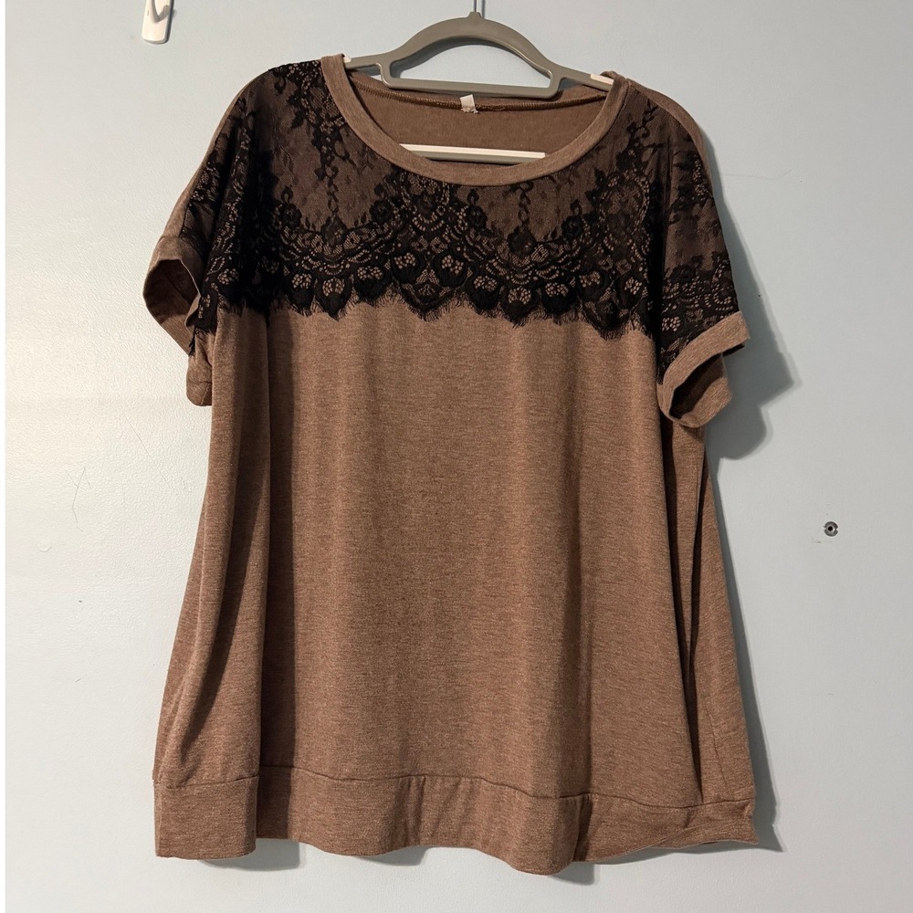 Women's 2XL Brown Heathered Lace Yoke Short Sleeve Top Crew Neck 2478